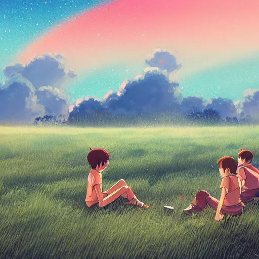 Prompt: detailed digital painting of a few children sitting on a grass field look at hundreds of distant spaceships shooting weapons in the sky, anime by Makoto Shinkai, trending on artstation