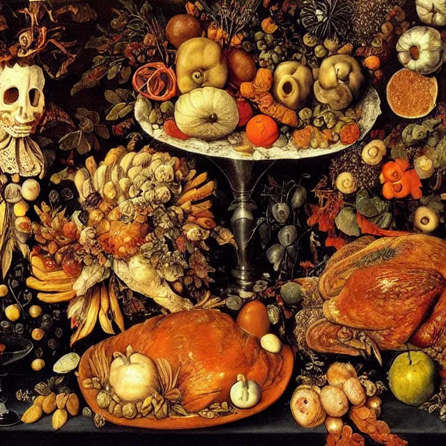 Image similar to thanksgiving supper, black background, still life by giuseppe arcimboldo, vanitas, intricate high detail masterpiece