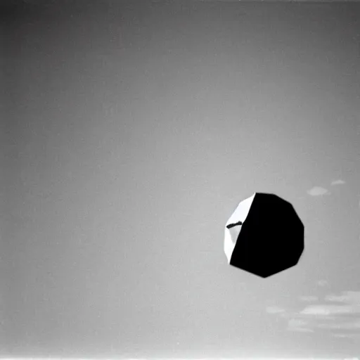 Prompt: grainy image of polygonal ufo reflected in still water as raf harrier jet flies overhead in distance, black and white, photography, 1 9 8 0 s chemical film