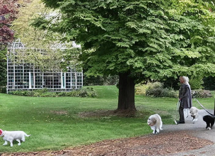 Prompt: the sour, dour, angry lady is walking her three tiny white dogs on leashes, looking down. she has gray hair. the old lady is wearing a long gray cardigan and dark pants. green house in background. large norway maple tree in foreground. view through window, across the road