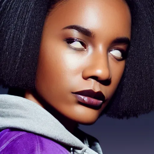 Prompt: black woman, hairstyle = short bob!!!, hair colour = light grey!!!, eyes = purple, wearing dark green bomber jacket, realistic 4 k octane beautifully detailed render, 4 k post - processing, highly detailed, intricate complexity, epic composition, magical atmosphere, cinematic lighting, masterpiece, ultra hd