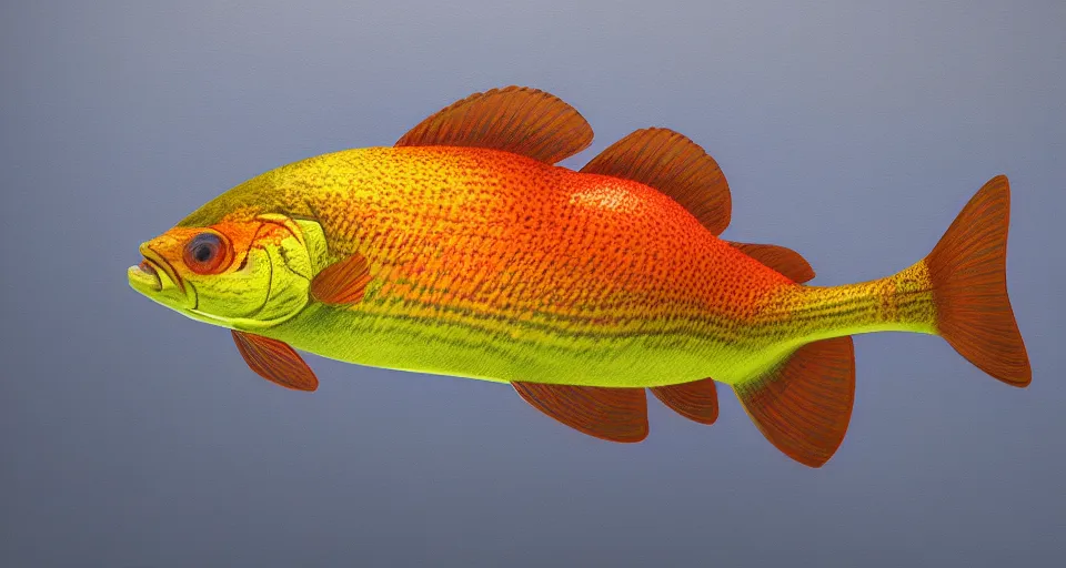 Image similar to a beautiful painting of a redfin perch, octane render, brilliantly coloured, intricate, ultra wide angle, trending on artstation, black light, volumetric lighting, ray lighting from top of frame, crepuscular ray lighting from above, dynamic lighting, muted colors, polished, micro details, ray tracing, 8 k