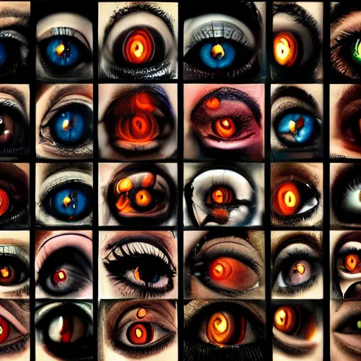 Image similar to collage, wall of eyes, reflections, fire, flames, wall of eyes, hd photograph