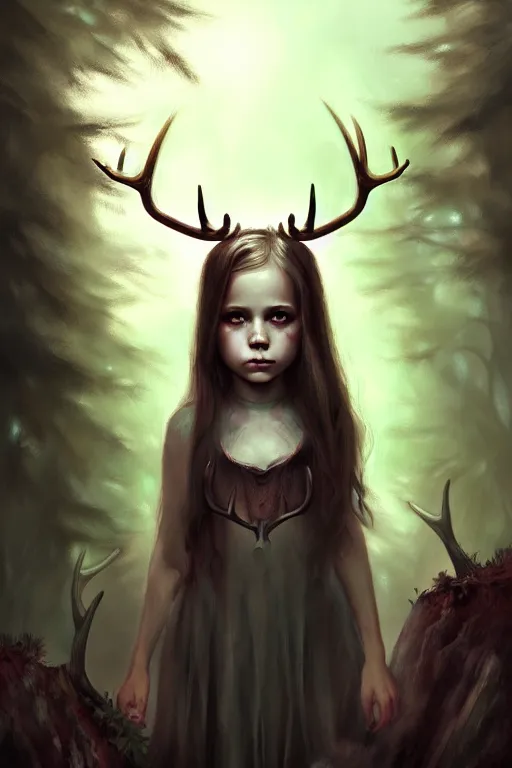 Prompt: a portrait of a little girl with antlers in a forest at night, dark, gothic, fantasy, portrait, figurativism, muted colors, digital painting in the style of bastien lecouffe - deharme, trending on artstation, detailed