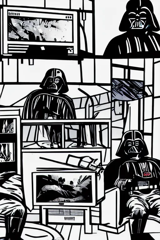 Image similar to an illustration of darth vader watching tv in the style of lichtenstein