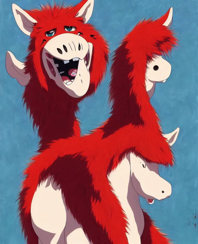 Image similar to beautiful painting from the anime film by studio ghibli, red anthropomorphic furry horse human hybrid, drooling, fur, trending on artstation