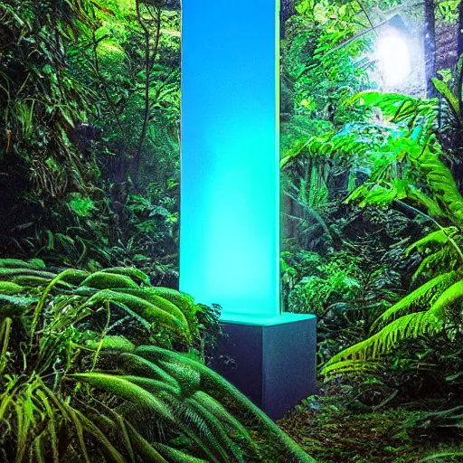 Prompt: a neon monolith in a mythical rainforest,