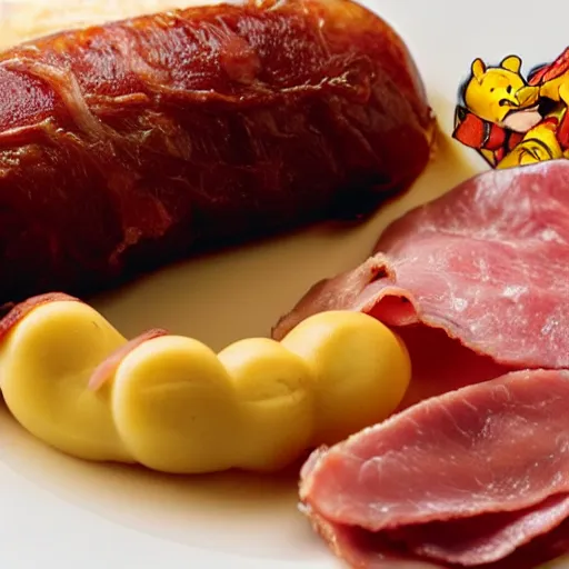 Image similar to close up of winnie the pooh with a plate of sausage and bacon and ham hock, cinematographic shot, photo 3 d