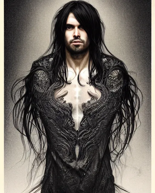 Prompt: portrait of tall, 3 3 - year - old handsome man with long dirty black hair, and grey eyes, wearing black clothes, hyper realistic face, beautiful eyes, close up, fantasy art, in the style of greg rutkowski, intricate, alphonse mucha, hyper detailed, smooth