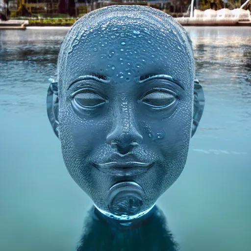 Image similar to a water sculpture in the shape of a human head, on the ocean water, cinematic, in the style of johnson tsang, long shot, hyper detailed, hyper realistic, ray tracing, 8 k resolution, sharp focus, realistic water, award winning