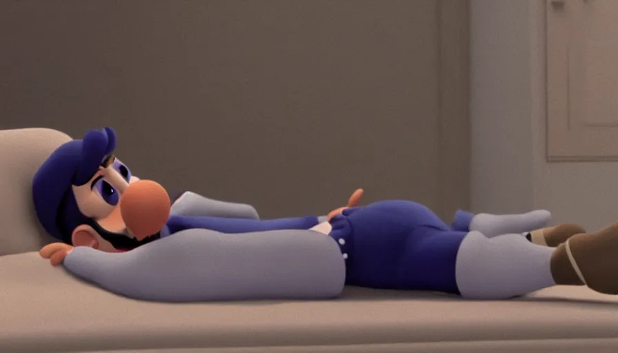 Prompt: still from a masterpiece moody A24 animation: Waluigi laying down while going to therapy