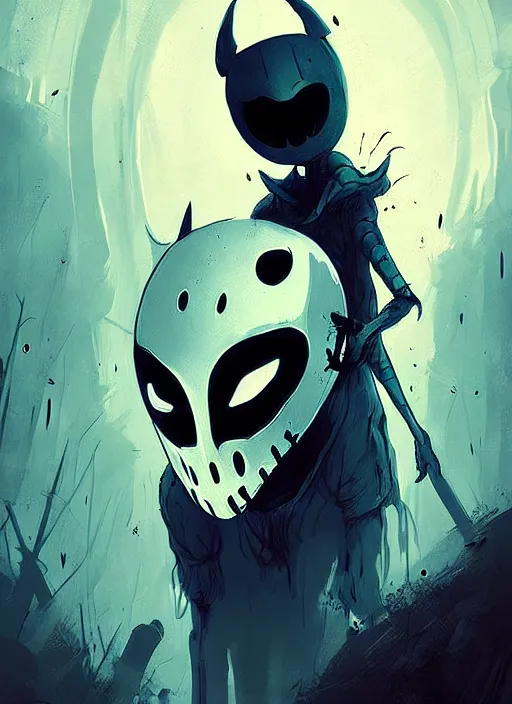 Prompt: horror art, hollow knight mask by ismail inceoglu