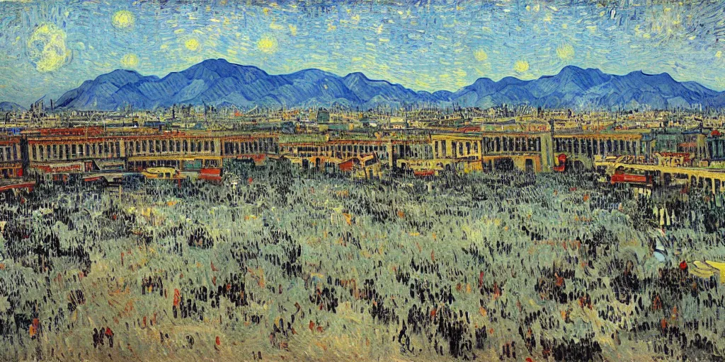 Image similar to painting of azadi square, tehran, early morning, cloudy, by van gogh