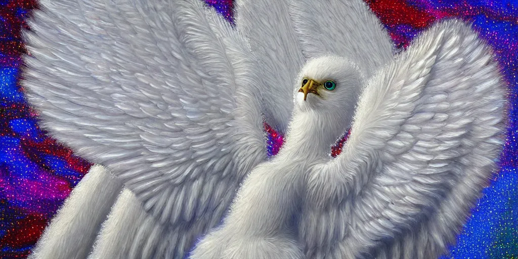 Prompt: highdetailed hyperrealistic painting of white wingsl!!!, white sparkles, 4 k hd fur, big wings, by jan van eyck, pattern, holography space, glow effect, large strokes, white monochrome color!!!!!