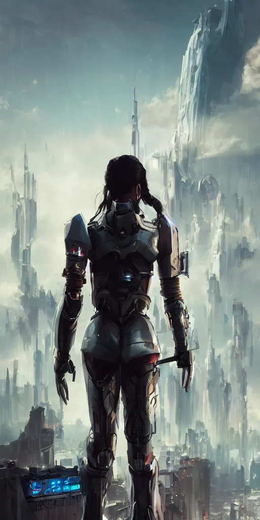 Image similar to back shot of a beautiful girl in sci - fi armour gazing back, holding two swords. by wlop. artstation contest winner, cinematic paint. lower shot. dramatic cloud and ruined city in background. cyberpunk