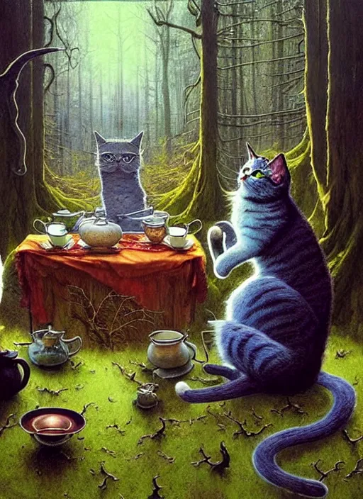 Image similar to cat having tea with a witch at a shrine in the woods gorgeous lighting, lush forest foliage blue sky a hyper realistic painting by chiara bautista and beksinski and norman rockwell and greg rutkowski weta studio, and lucasfilm