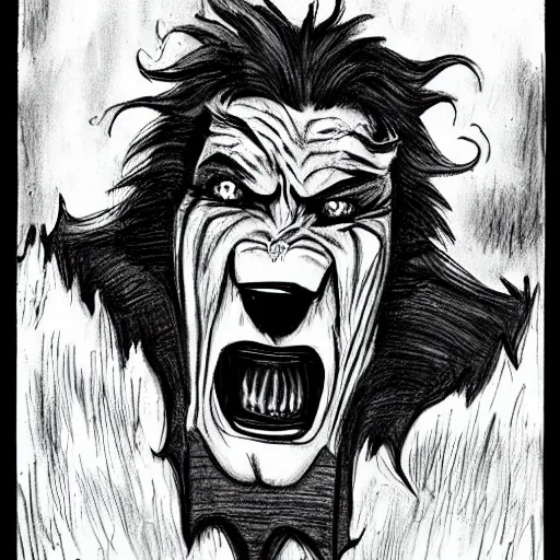 Prompt: a Pop Wonder scary horror themed goofy-hilarious-character Beethoven-werewolf-vampire, dime-store-comic drawn with charcoal and pen and ink, half-tone-line-stacking