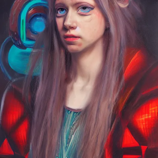 Prompt: A portrait of Alice from Wonderland, oil painting, majestic, detailed, high resolution, cyberpunk