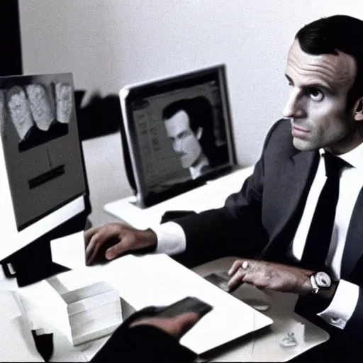 Image similar to Emmanuel Macron computering in American Psycho (1999)