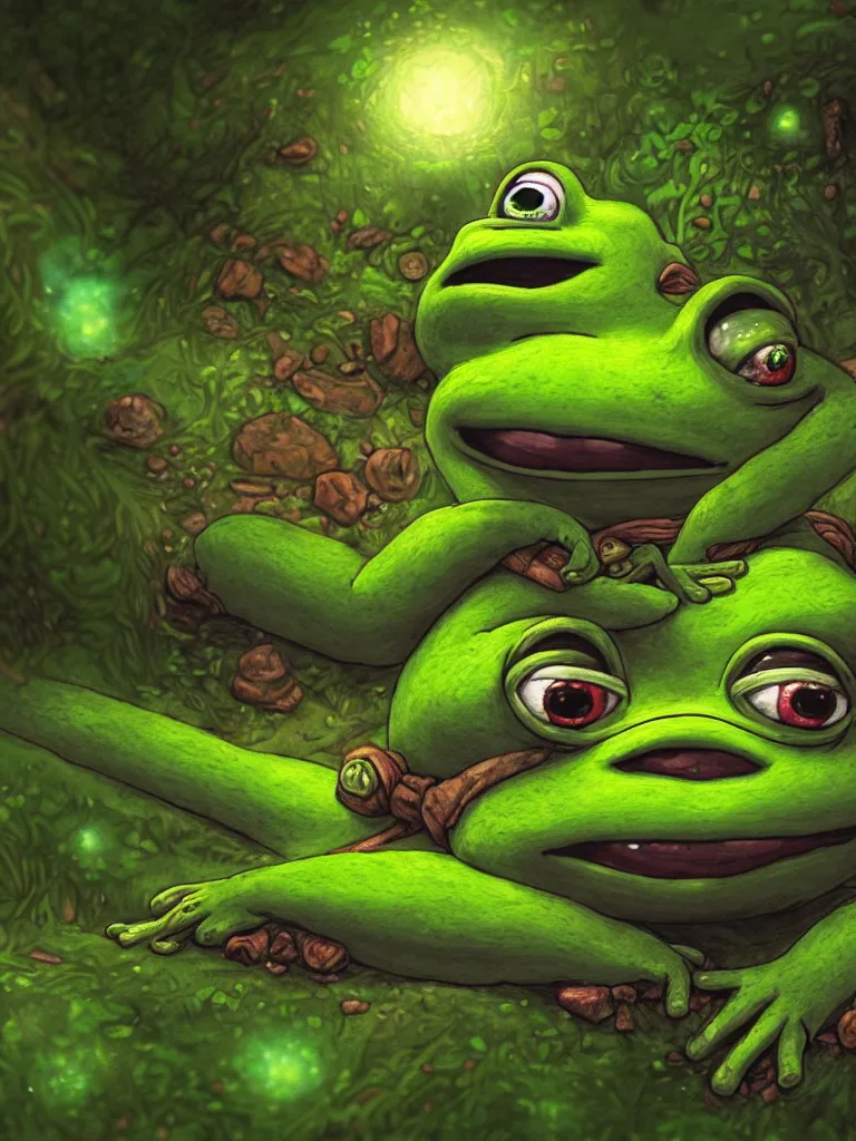 Image similar to high resolution 4k a decent into wonderous blasphemy a longing of prolonged madness pepe frog family together happy bioluminescent moss worlds of love and joy cool galactic color background made in abyss design Tony DiTerlizzi dream like storybooks nursery rhymes pepe the frog within a wonderous forest soft and warm ,white birtch , the value of love a clear prismatic pink sky, loss , unnerving , disheartening , love, warm ,Luminism, prismatic , fractals , pepe the frog , art in the style of Tony DiTerlizzi , Francisco de Goya and Akihito Tsukushi and Gustave dore and Arnold Lobel