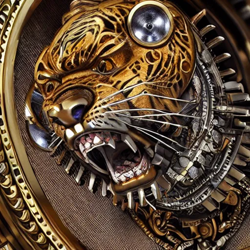 Image similar to A steampunk roaring tiger head made from ornate engraved full plate armor and watch gears and jewels and gems, macro shot by Justin Gerard, unreal engine, detailed, intricate, physically based rendering