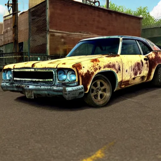Prompt: A screenshot of a rusty, worn out, broken down, decrepit, run down, dingy, faded, chipped paint, tattered, beater 1976 Denim Blue Dodge Aspen in FlatOut 2, derby game mode