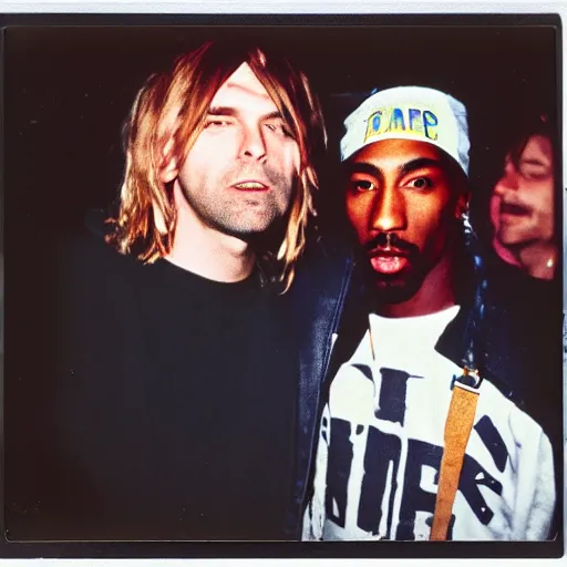 Image similar to Polaroid photograph of Kurt Cobain and Tupac Shakur in a club, blurry, XF IQ4, 150MP, 50mm, F1.4, ISO 200, 1/160s, natural light, Adobe Lightroom, photolab, Affinity Photo, PhotoDirector 365,