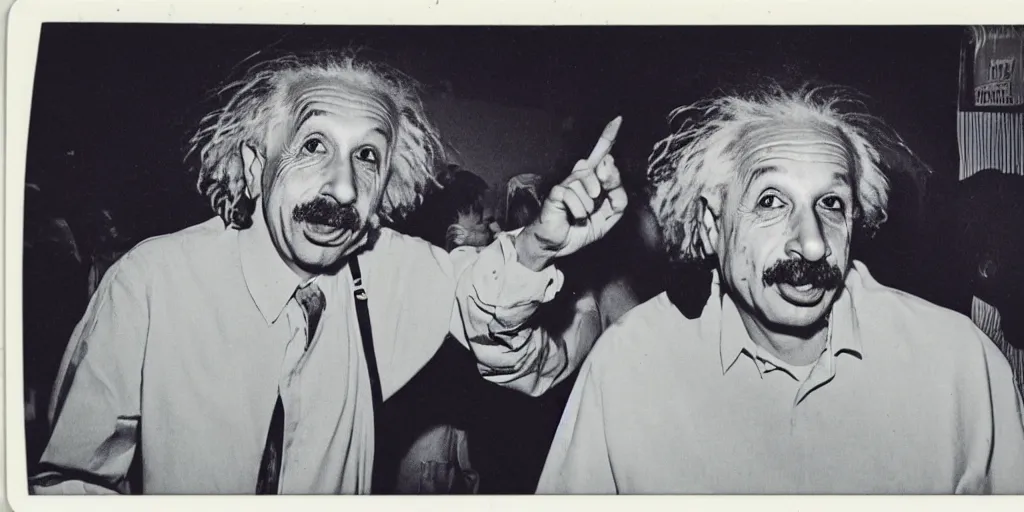 Image similar to old polaroid from 1 9 9 5 depicting albert einstein at a warehouse rave