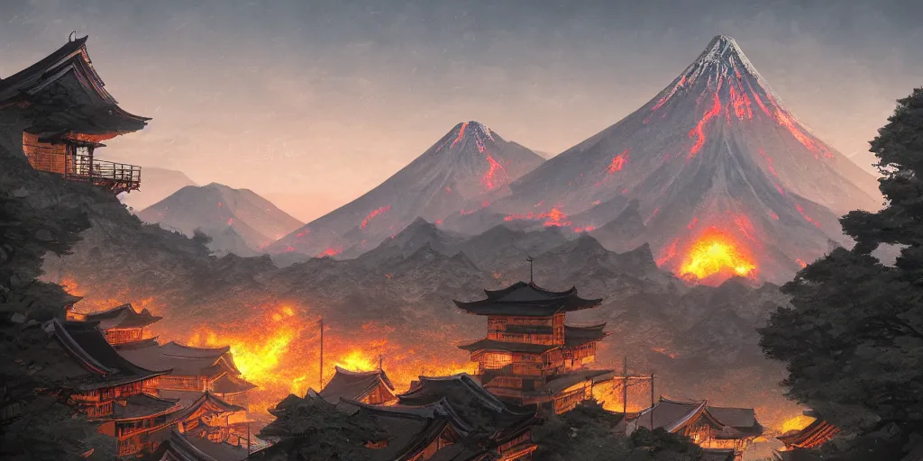 Prompt: a powerful japanese village high in mountains, fanart artstation global illumination rtx hdr fanart arstation 3 d, volcano, concept art by greg rutkowski and laurie greasley, fantastic landscape, 8 k, cinematic color grading