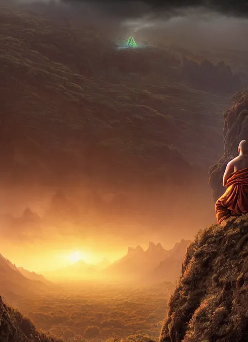 Image similar to a cosmic monk in lord of the rings scenery landscape, looking out at a vast lush valley at sunrise, gigantic temple of alien architecture in the distance, god's rays, highly detailed, vivid color, cinematic lighting, perfect composition, 8 k, gustave dore, derek zabrocki, greg rutkowski, belsinski, octane render