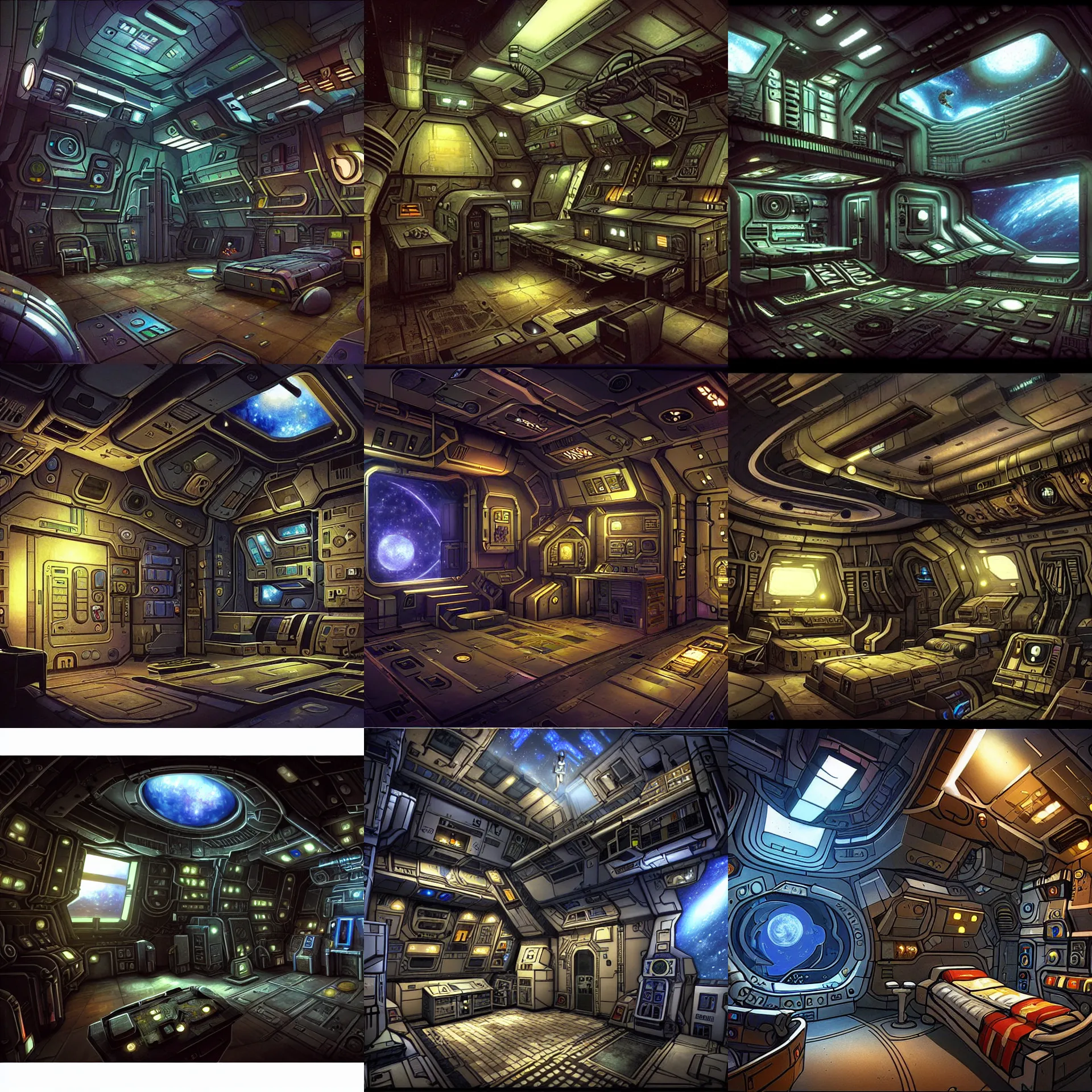 Prompt: a officer's living quarters, on a spaceship, from a space themed point and click 2 d graphic adventure game, set design inspired by hg giger and tomb raider, art inspired by thomas kinkade