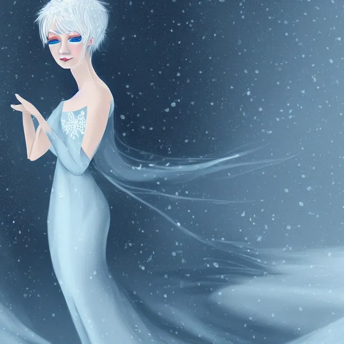 Prompt: full body portrait of a woman with pale blue hair wearing a long white dress made out of snowflake in the middle of a heavy snowstorm. she looks almost dead because of how pale she is. digital art by maromi sagi