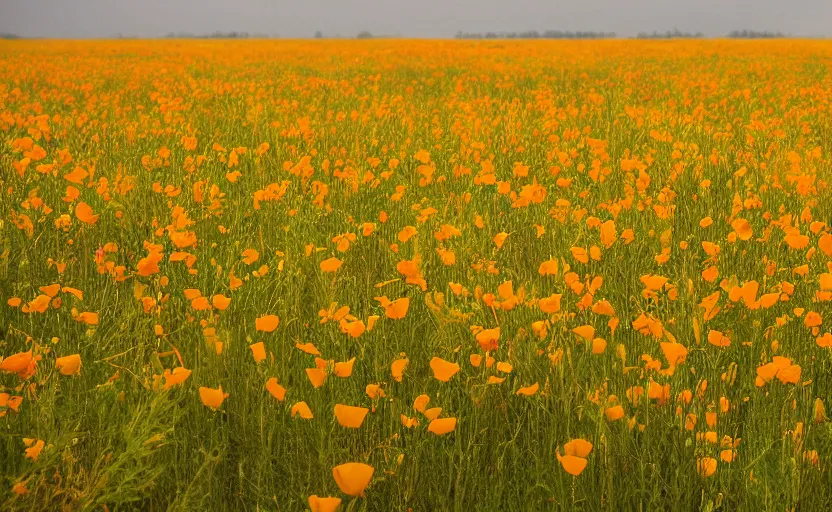 Prompt: a field of golden poppies, photography