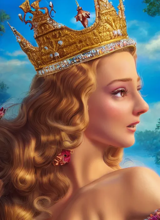 Prompt: closeup face profile portrait of a fairytale princess wearing a crown eating cakes, bikini, depth of field, zeiss lens, fashion photoshoot, by dan decarlo, bob clampett, bill ward, earl norem, max fleischer, breathtaking, 8 k resolution, extremely detailed, beautiful, establishing shot, artistic, hyperrealistic, octane render