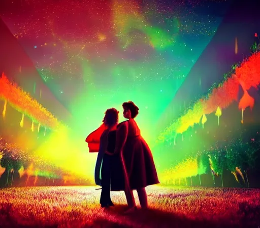 Image similar to people being together in a magical dream world, beautiful colors, cinematic lighting