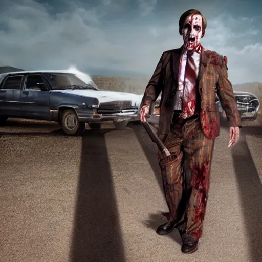 Image similar to film still of zombie zombie saul goodman as a zombie in better call saul, 4 k