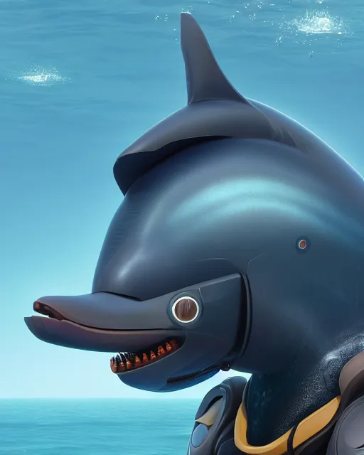 Prompt: furry art, profile picture of a male robotic anthro bottlenose dolphin, visor covering eyes, rounded beak, commission on furaffinity, cgsociety, octane render, subnautica