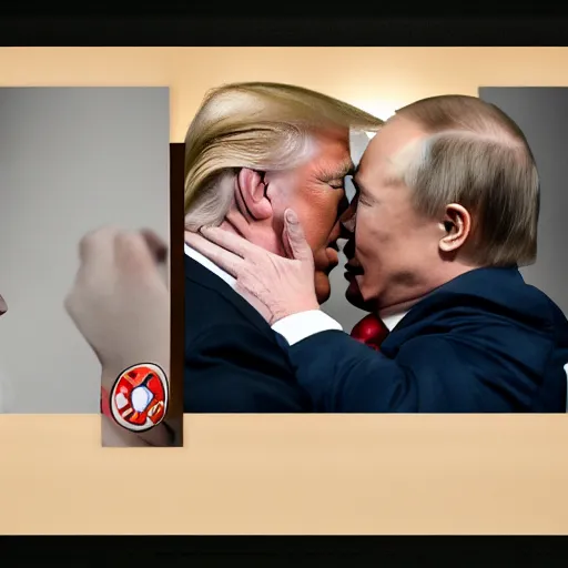 Prompt: a videogame still of trump and putin in a passionate embrace, portrait, 4 0 mm lens, shallow depth of field, close up, split lighting, cinematic