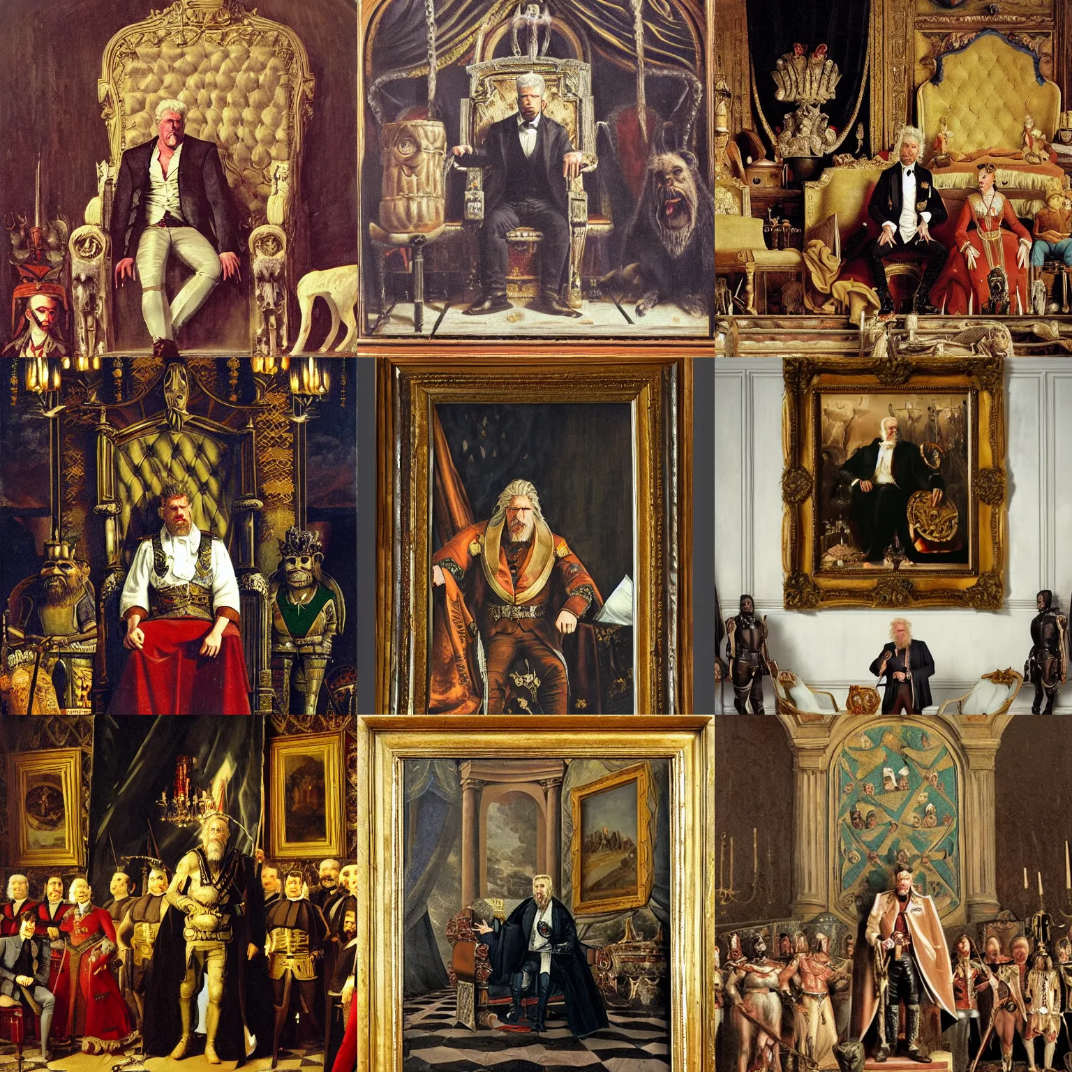 Prompt: Ron Perlman, king of Transylvania, in his stone throne hall, surrounded by courtiers, 19th century painting
