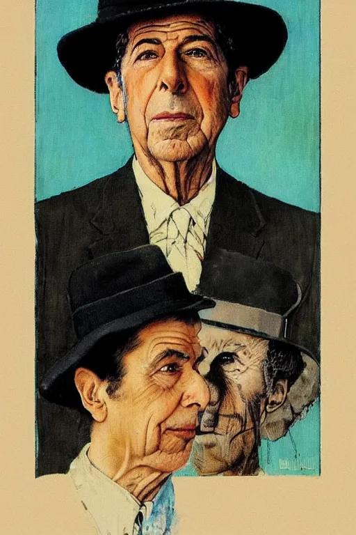 Image similar to “portrait of Leonard Cohen, impeccably dressed, wearing trilby hat, by norman Rockwell”