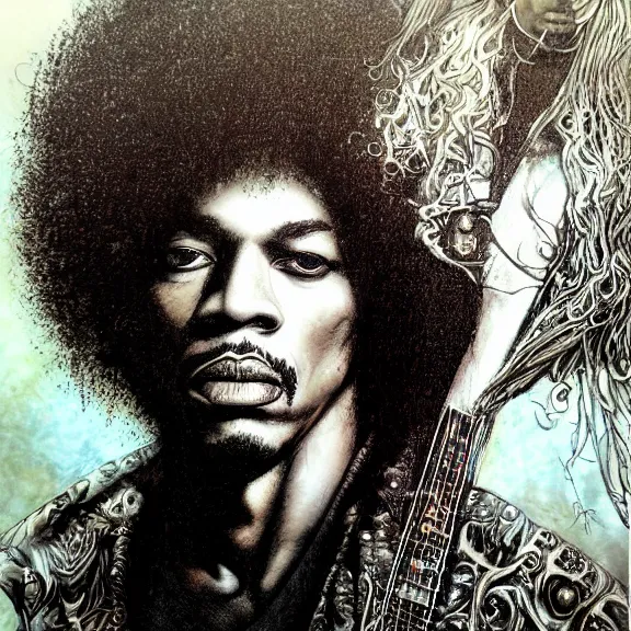 Image similar to a highly detailed portrait of jim ’ s hendrix in the style of luis royo.