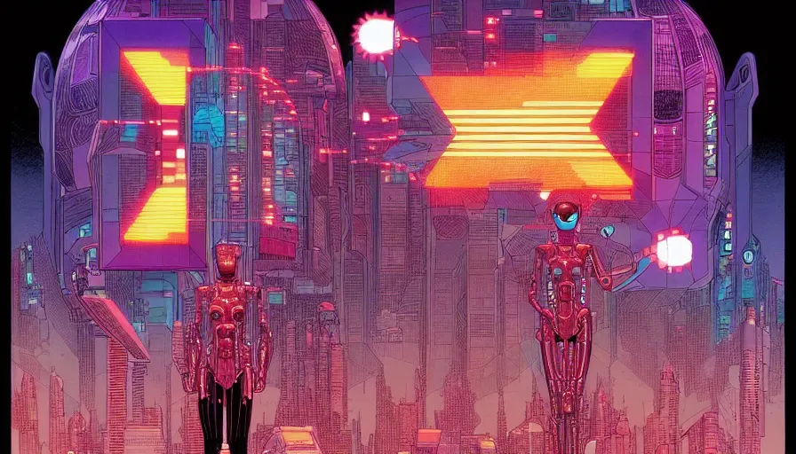 Image similar to the origine of cybertimes, metahumans and androids, fractals, cyberpunk, visual development by jean giraud and josan gonzales, dynamic lighting