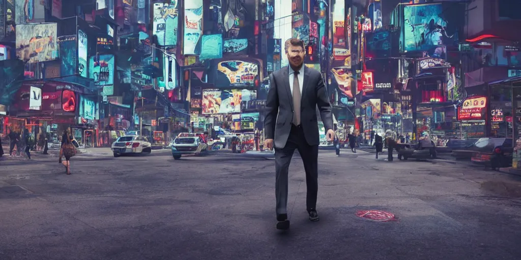 Image similar to sasquatch in a suit walking along the sidewalk of a cyberpunk city surrounded by people and cars, hyper realistic
