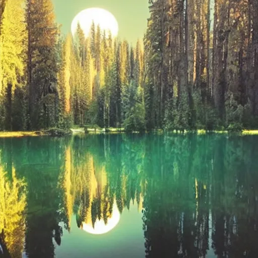 Image similar to a mirror lake in a forest of blue sequoia trees, lush, with mountains and hills and cliffs and towns full moon, dark clear sky with stars, light blue sparking and glowing dust in the wind. fantastic, mystical, glow