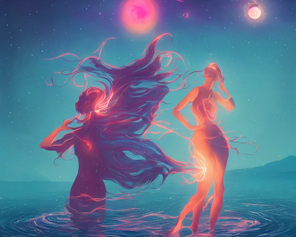 Image similar to beautiful fantastical girl standing in a lake basking in the moonlight, casting a spell, under a multi-colored binary blackhole with an accretion disc, glowing trails following her arms, wearing professional makeup, synthwave, by Lois van Baarle, by Greg Rutkowski, by artgerm, by beeple, by studio ghibli, cinematic angle, volumetric lighting, 4k resolution, octane render, trending on artstation, masterpiece