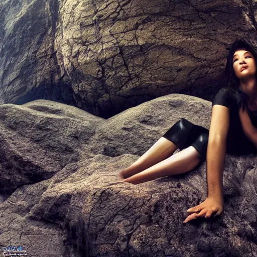 Prompt: Woman sitting under a ginormous rock overhead, partially cupping her hands, gesturing it outward!!!!! to the camera!!!!!, in a rainy environment, fisheye!!!!! lens!!!!!, rainy and wet atmosphere, closeup!!!!!, dark and grim lighting, trending on artstation, 4k, 8k