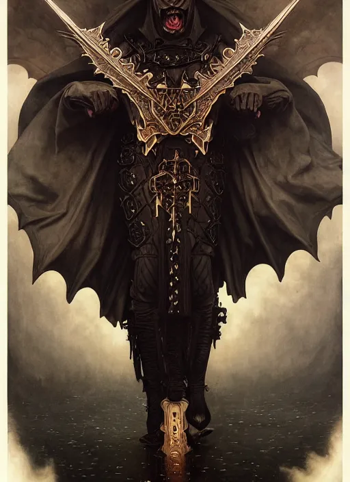 Prompt: majestic satanic bat wing black armored evil man movie poster, art style by edmund leighton, tom bagshaw, alphonse mucha, exquisite digital art, haunting, masterpiece, organic painting, photorealistic, ornate and hyper detailed