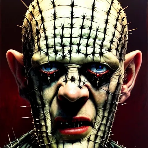 Image similar to portrait of pinhead from hellraiser. demonic cenobite. barbed wire face, blood. oil painting by lucian freud. path traced, highly detailed, high quality, j. c. leyendecker, drew struzan tomasz alen kopera, peter mohrbacher, donato giancola