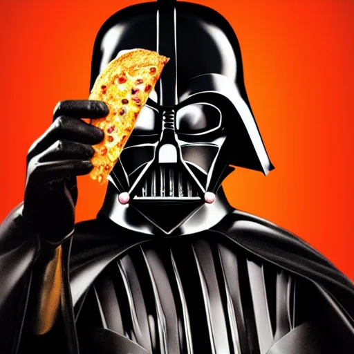 Image similar to gold bordered portrait of darth vader holding a slice of pizza, hyper realistic, surreal, gothic, cyberpunk, nightcore, 4 k, highly detailed, beautifully rendered