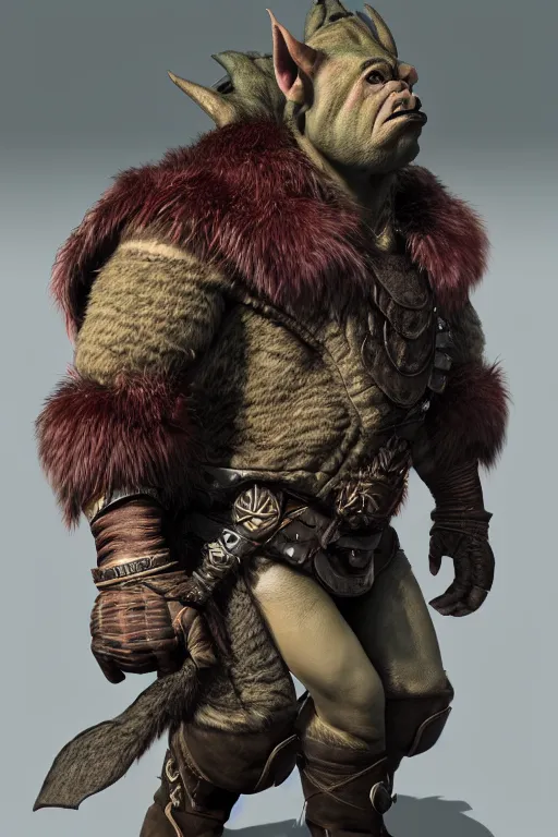 Image similar to A full body shot of a handsome orc-(((((pig))))) looking into the camera wearing a leather fur jacket and boots, full body shot, detailed face, portrait, artstation, realistic, highly detailed, symmetrical, D&D, Dungeons & Dragons, hyper realistic, dynamic pose, high detail, octane render, unreal engine, 8k, fantasy art, highly detailed, dramatic lighting, concept art